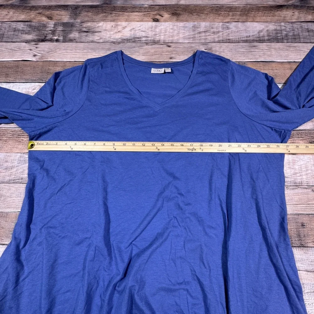 LOGO Lori Goldstein‎ Top 3X Blue V-Neck Sharkbite Hem Peplum Long Sleeve